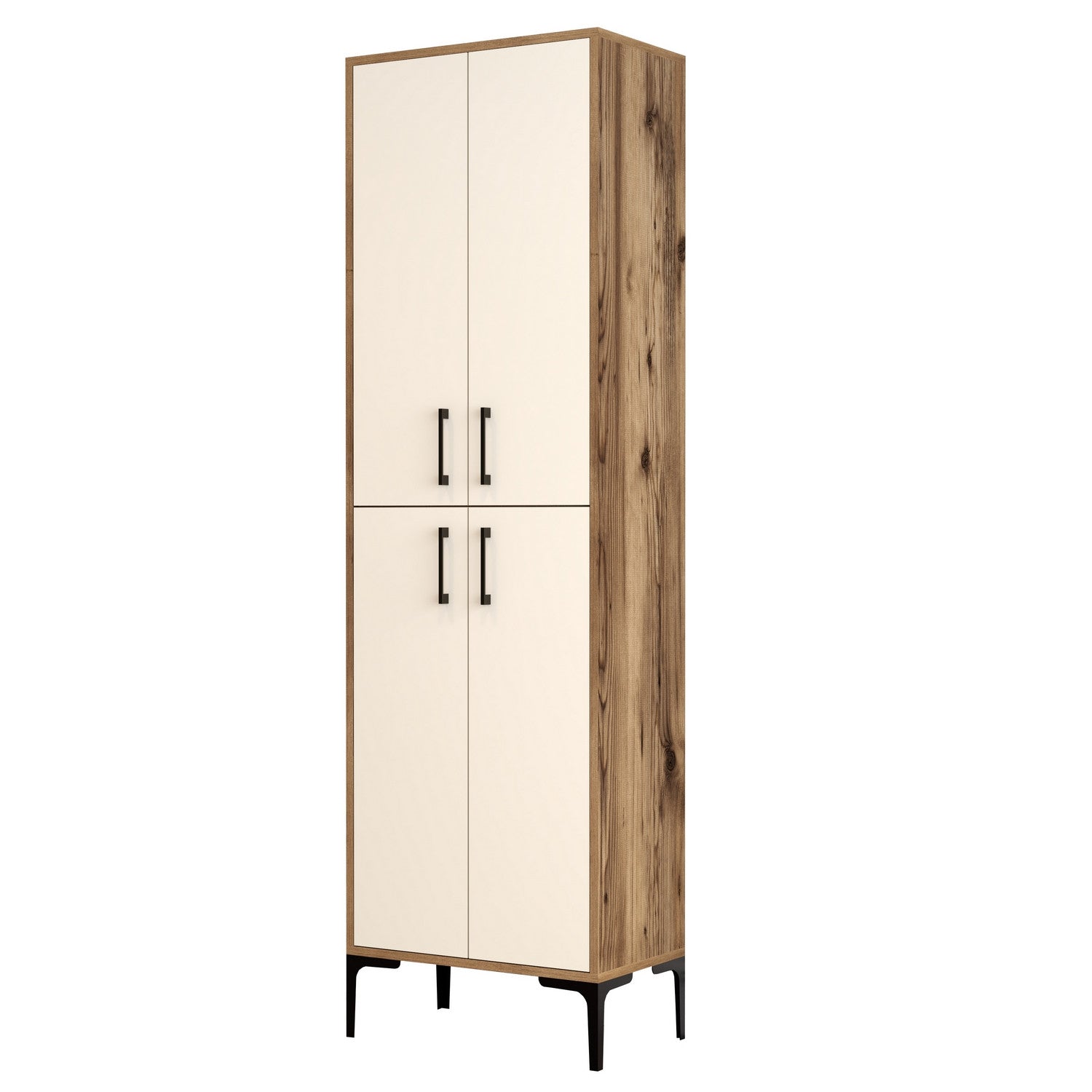 Armoire à chaussures 4 portes Thidarr 200cm Métal Noir et Bois Naturel et Blanc crème