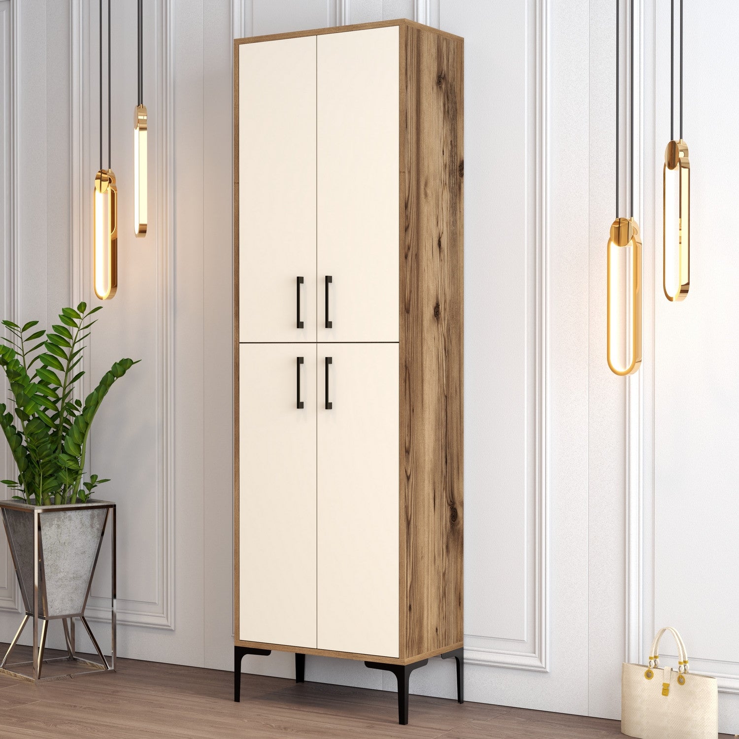 Armoire à chaussures 4 portes Thidarr 200cm Métal Noir et Bois Naturel et Blanc crème