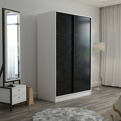 Armoire design 2 portes coulissantes Selong L120xH210cm Blanc et Effet marbre Noir