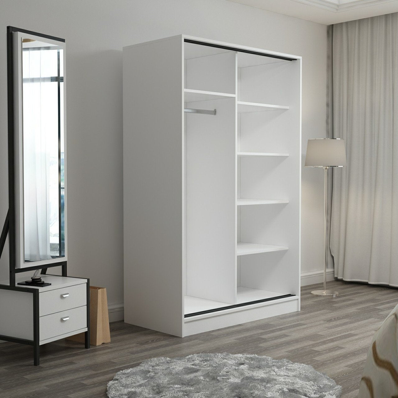 Armoire design 2 portes coulissantes Selong L120xH210cm Blanc et Effet marbre Noir