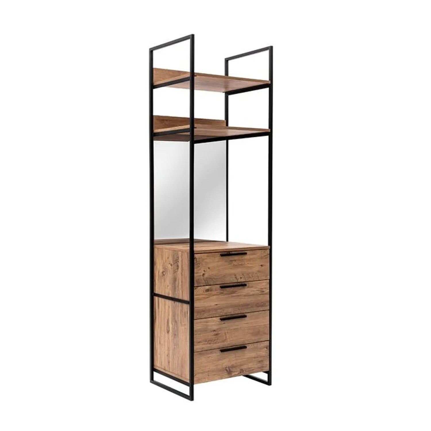 Armoire ouverte style dressing industriel Fodienda L192cm avec 4 tiroirs et miroir Bois clair