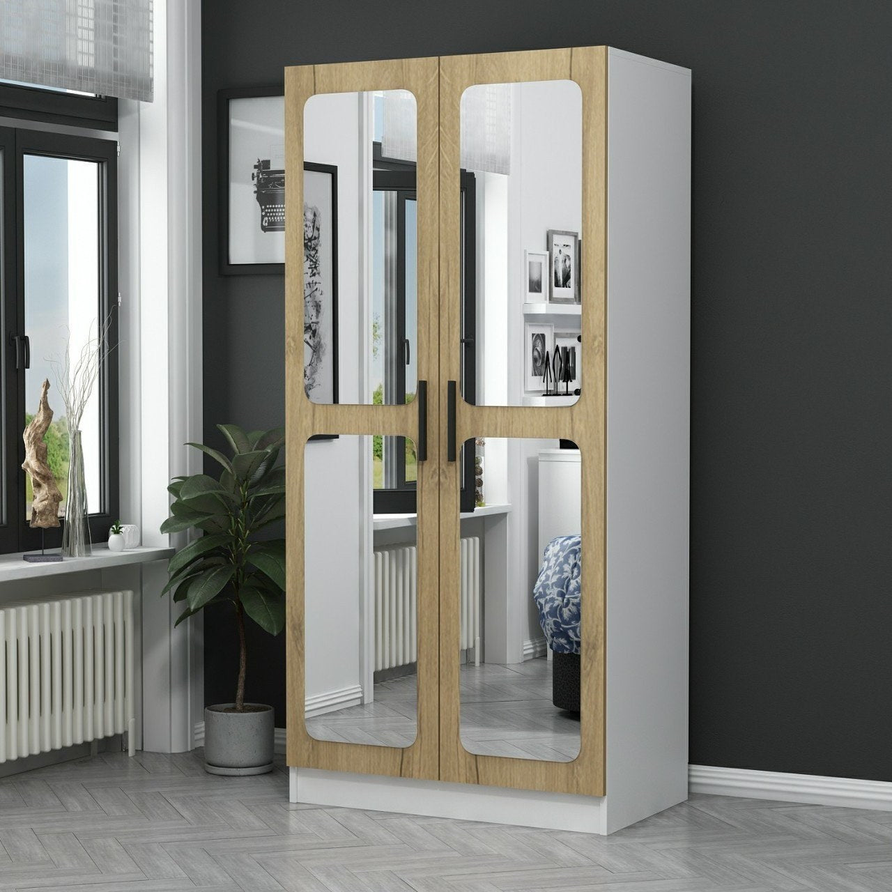 Armoires 2 portes et 4 miroirs Bangko L90xH190cm Bois clair et Blanc