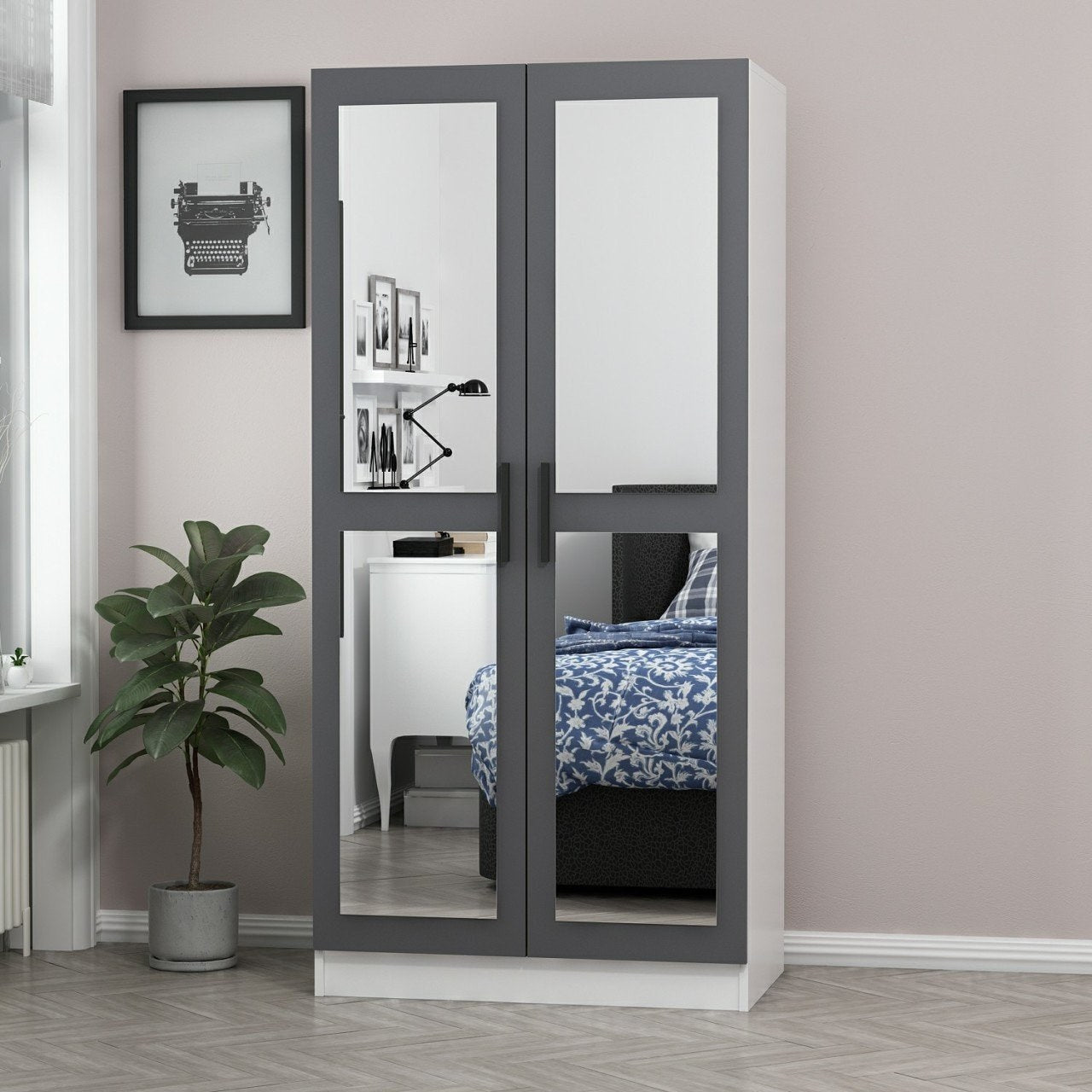 Armoires 2 portes et 4 miroirs Sanur L90xH190cm Anthracite et Blanc