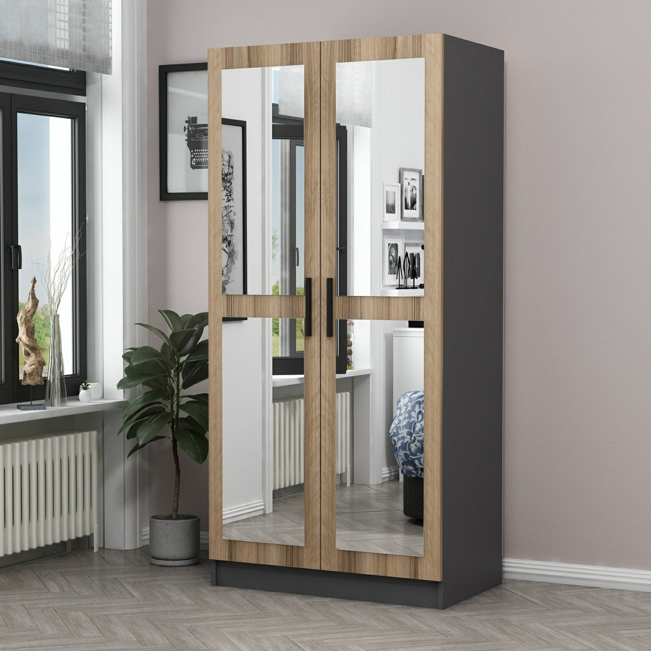 Armoires 2 portes et 4 miroirs Sanur L90xH190cm Chêne clair et Anthracite