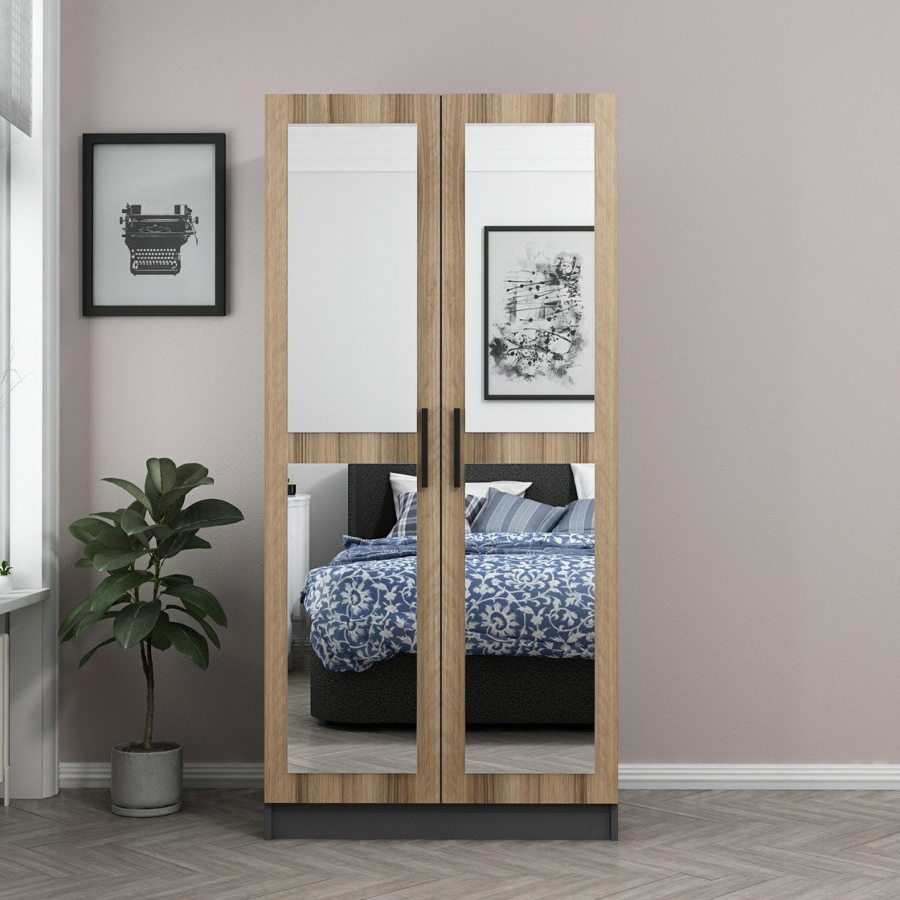 Armoires 2 portes et 4 miroirs Sanur L90xH190cm Chêne clair et Anthracite