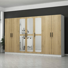 Armoires 7 portes et 6 miroirs Bangka L315xH190cm Bois clair et Blanc