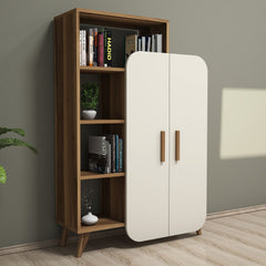 Bibliothèque 2 portes Anita 90x132cm Bois Naturel et Blanc Crème