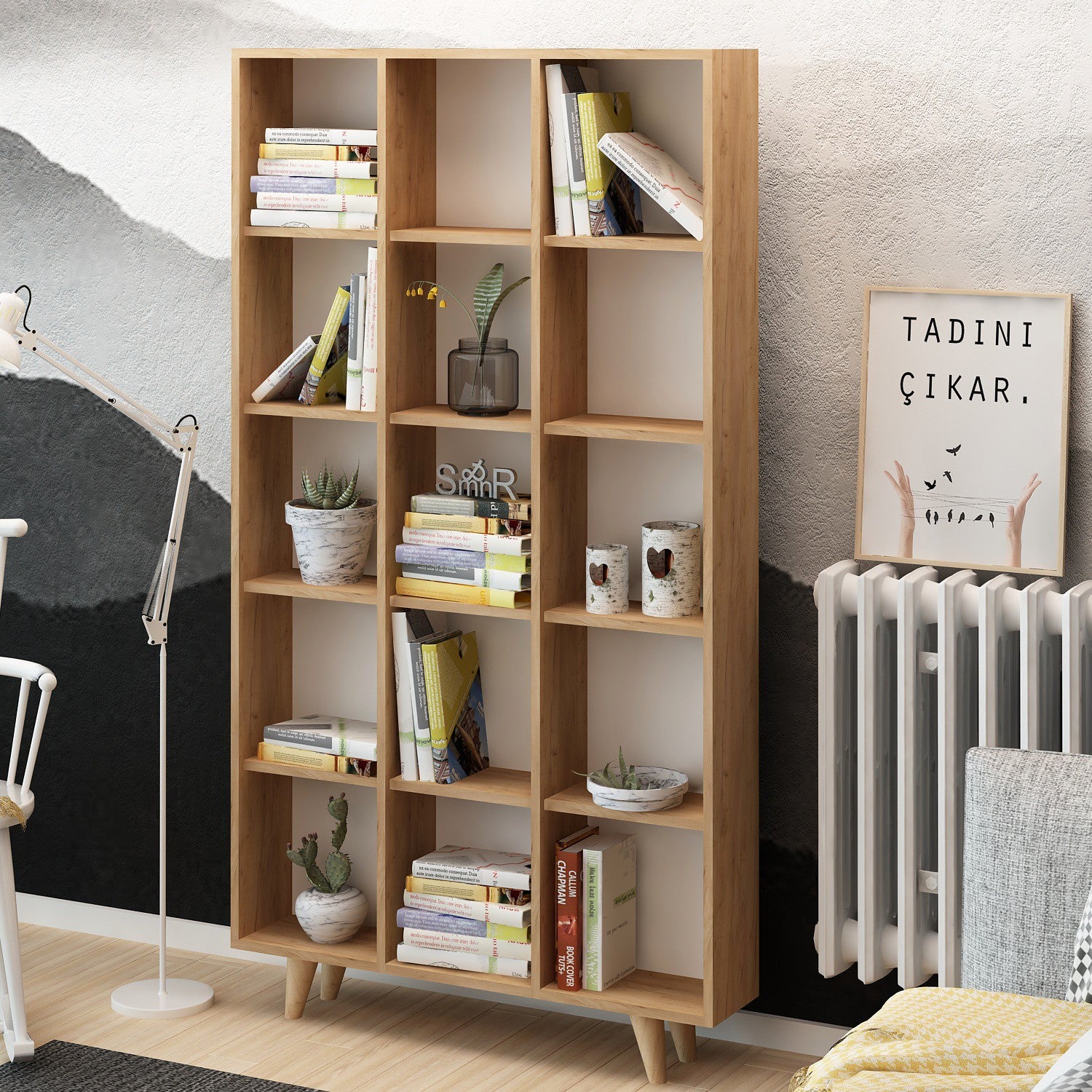 Bibliothèque Sancer L100xH185cm Chêne clair et Blanc