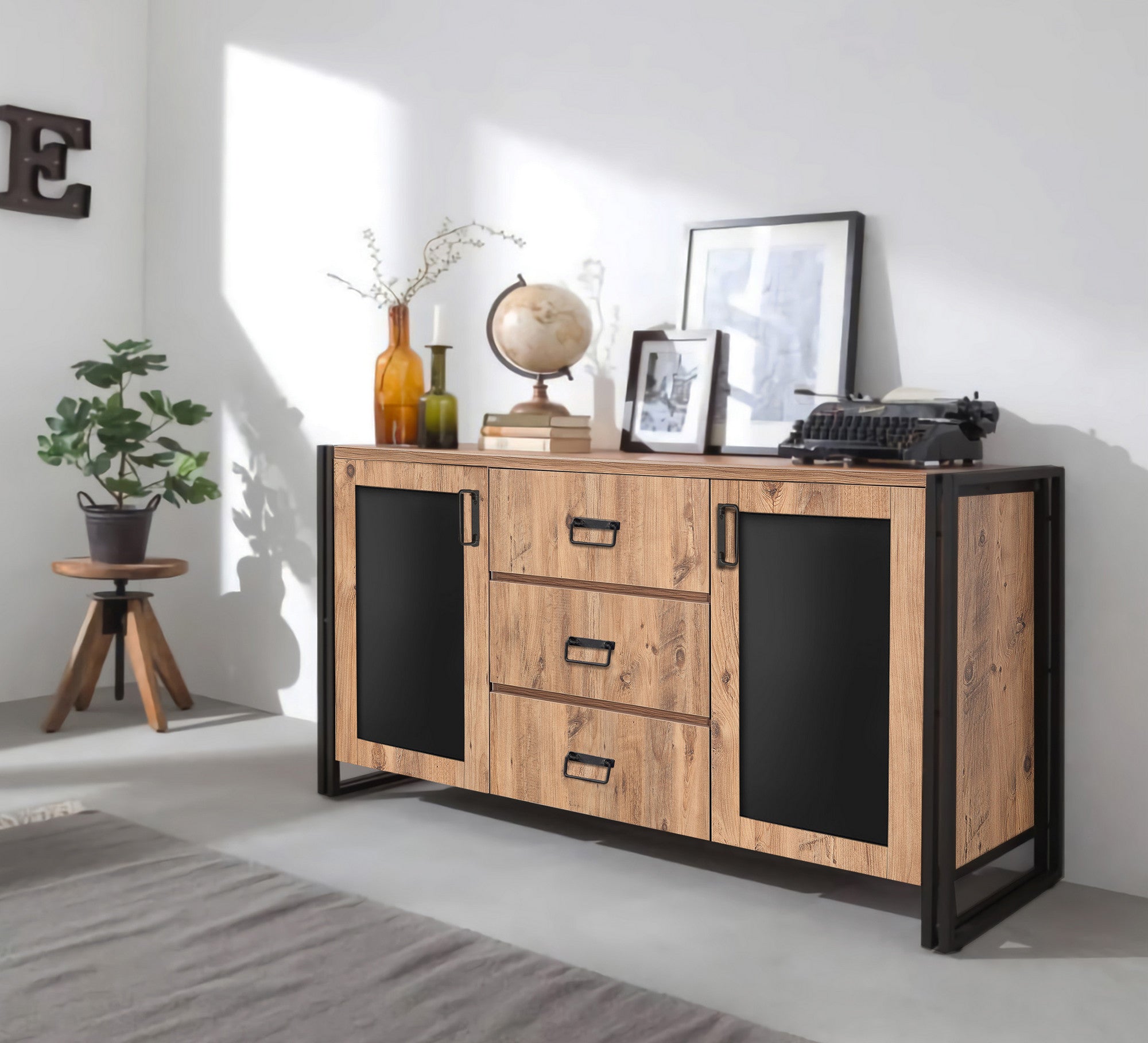 Buffet 2 portes et 3 tiroirs Susana 160x80cm Métal Noir et Bois Naturel