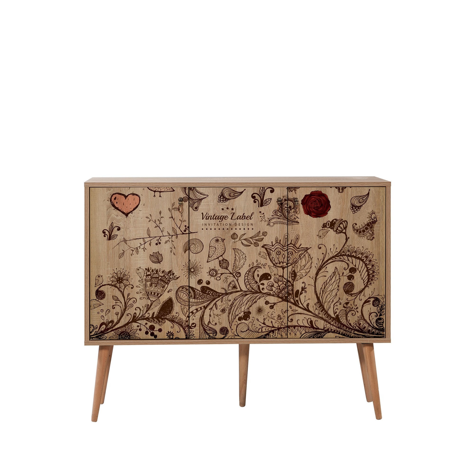 Buffet 3 portes Areva 120x90cm Motif Oiseau et fleurs Bois Naturel et Marron