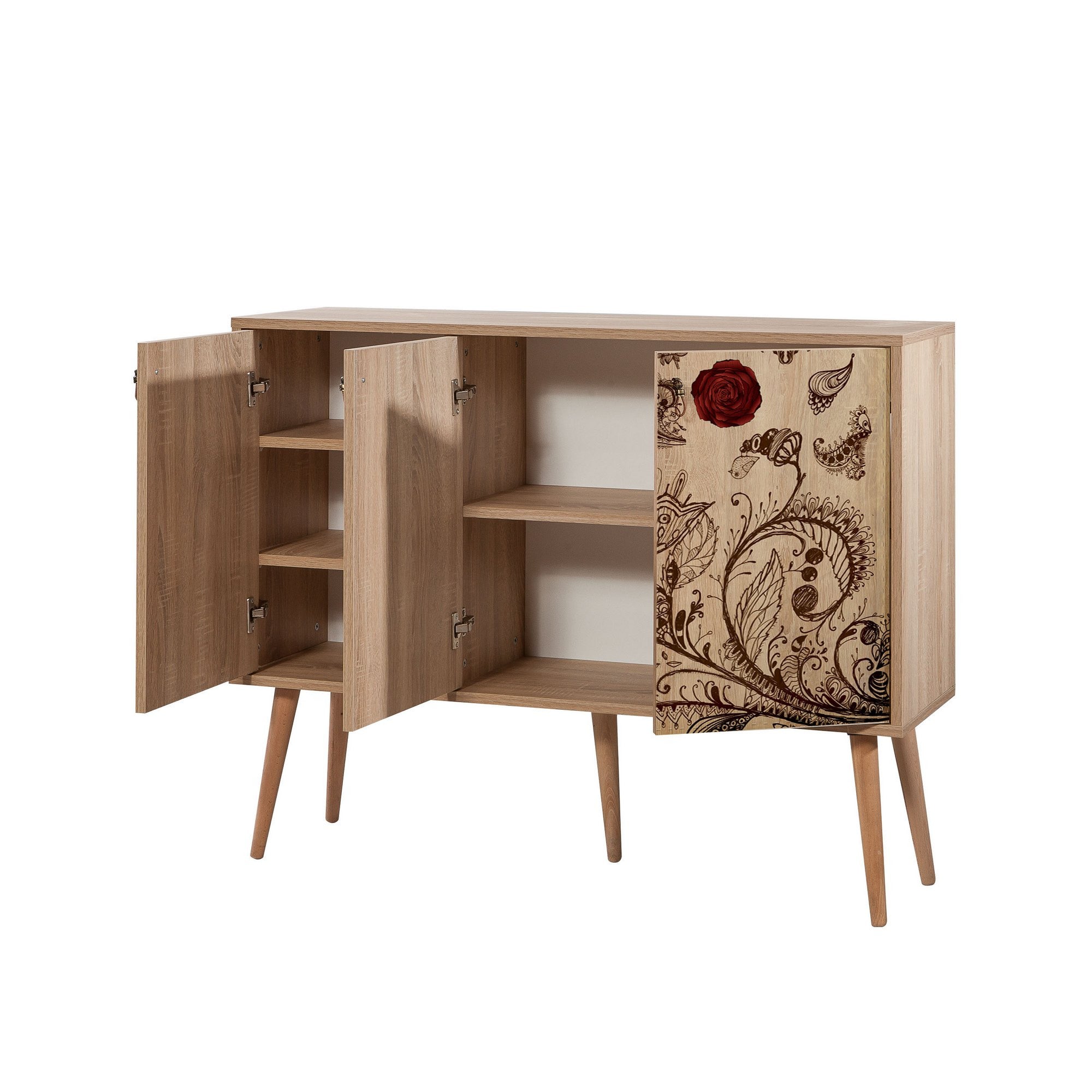 Buffet 3 portes Areva 120x90cm Motif Oiseau et fleurs Bois Naturel et Marron