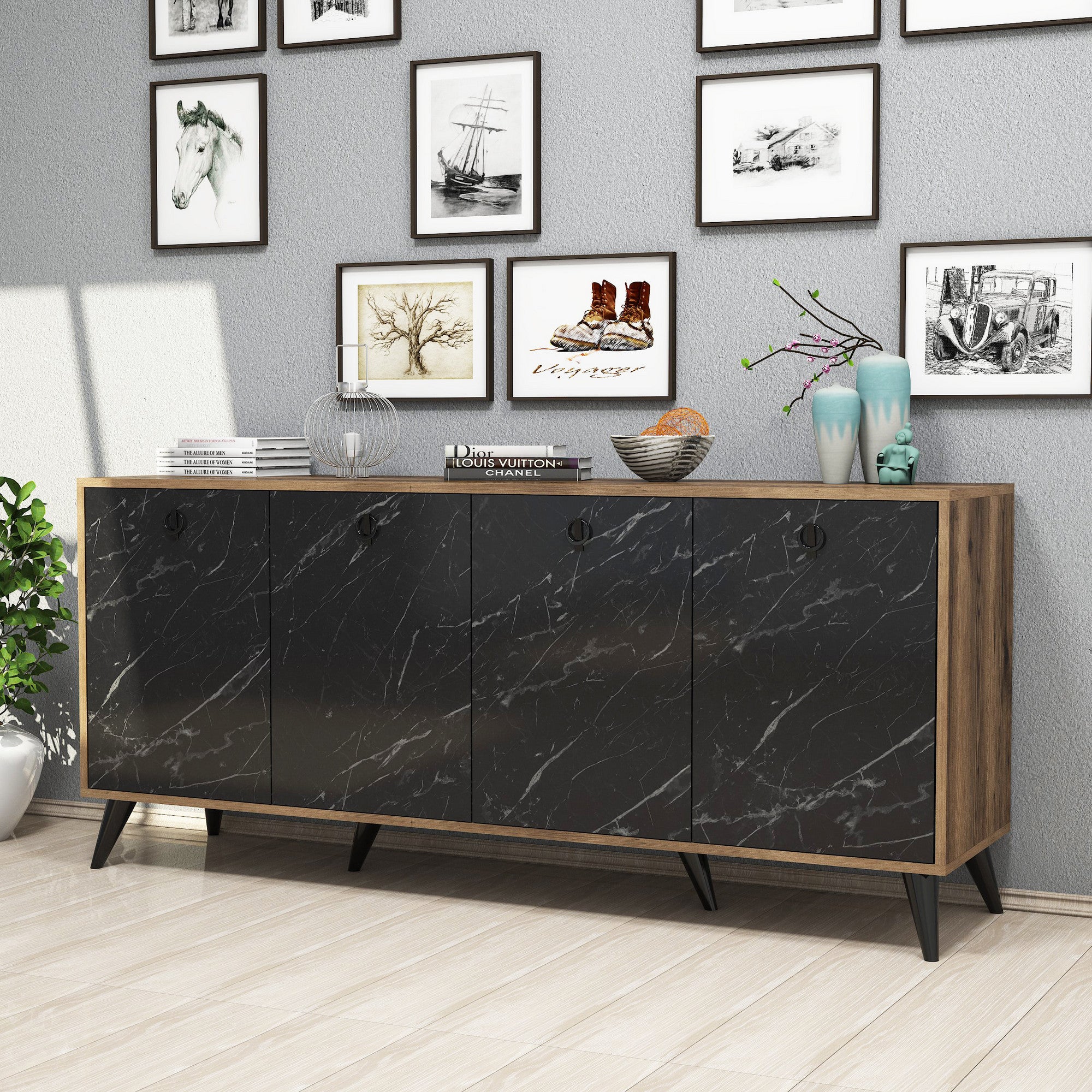 Buffet 4 portes Ancon 180x80cm Bois Naturel et Noir effet marbre