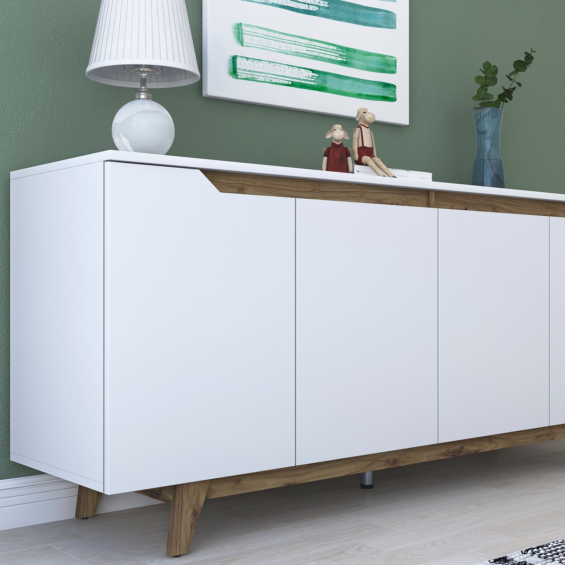 Buffet 4 portes Targita 180x78,6cm Bois Naturel et Blanc