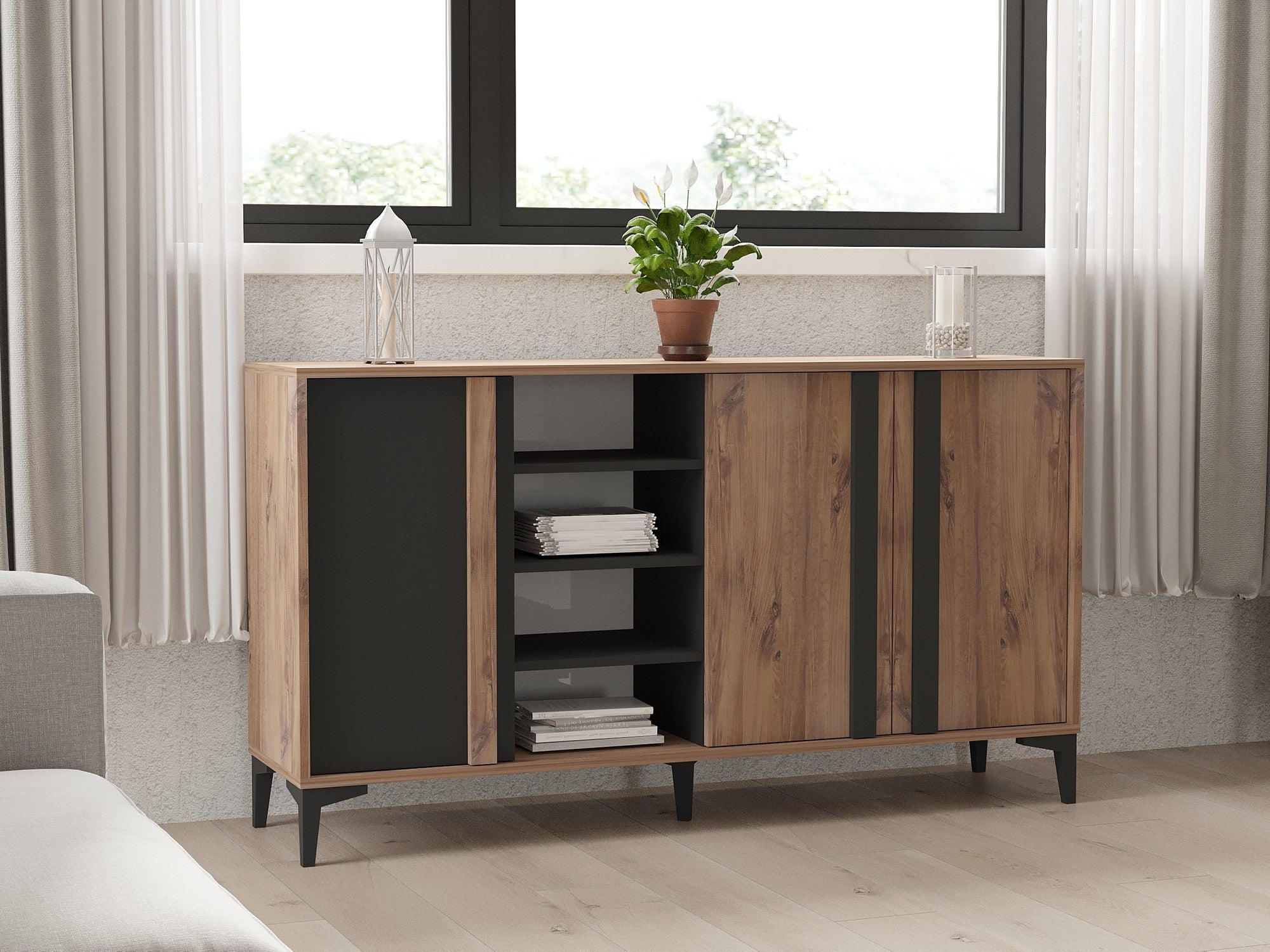 Buffet bas 3 portes Farfalle L160cm Bois foncé et Anthracite