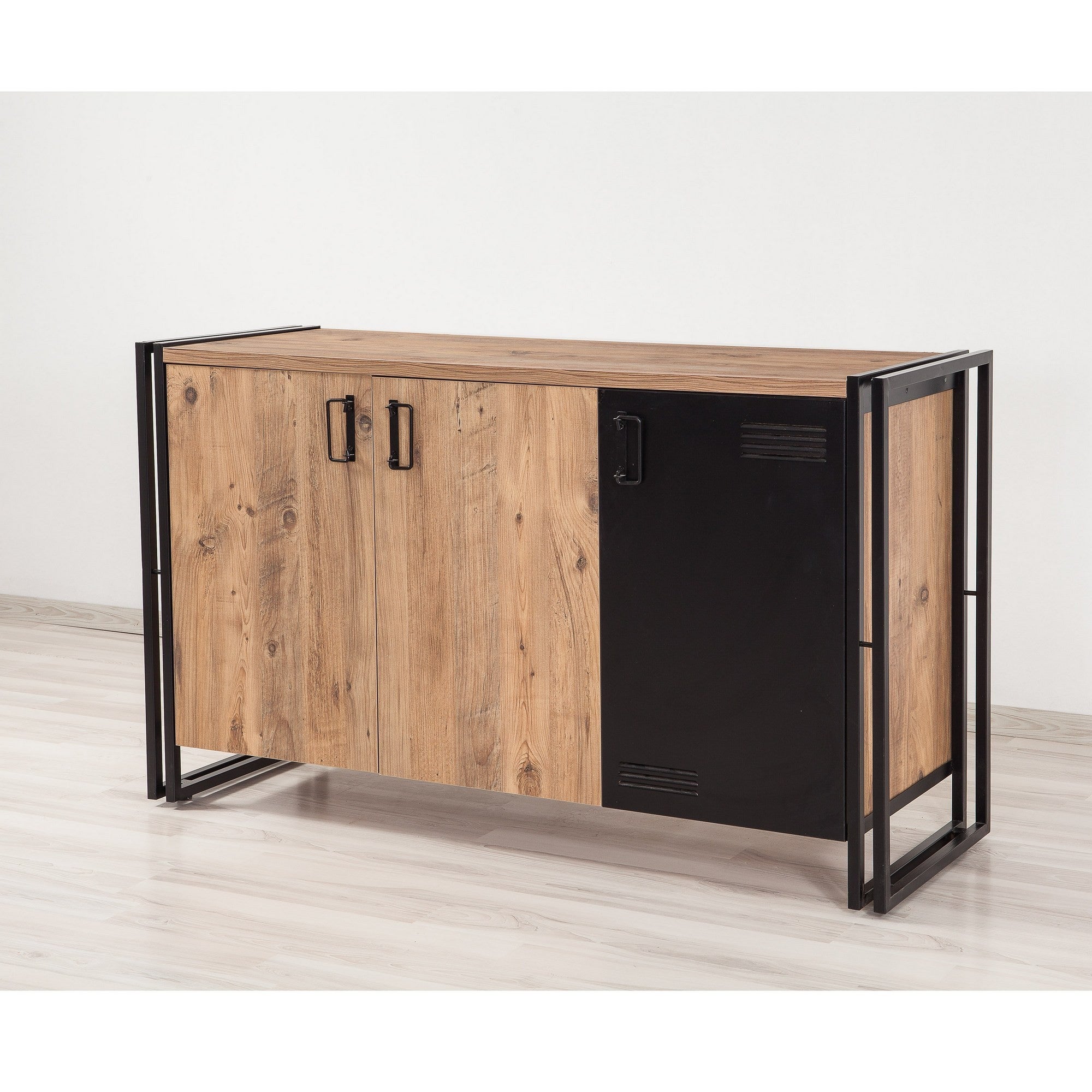 Buffet bas 3 portes Senlid 140cm Métal Noir et Bois Naturel