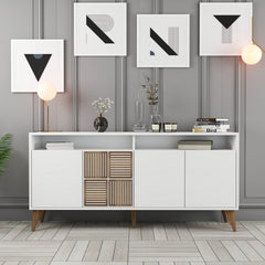 Buffet bas 4 portes et 2 tiroirs Kaltes L160cm Blanc et Bois