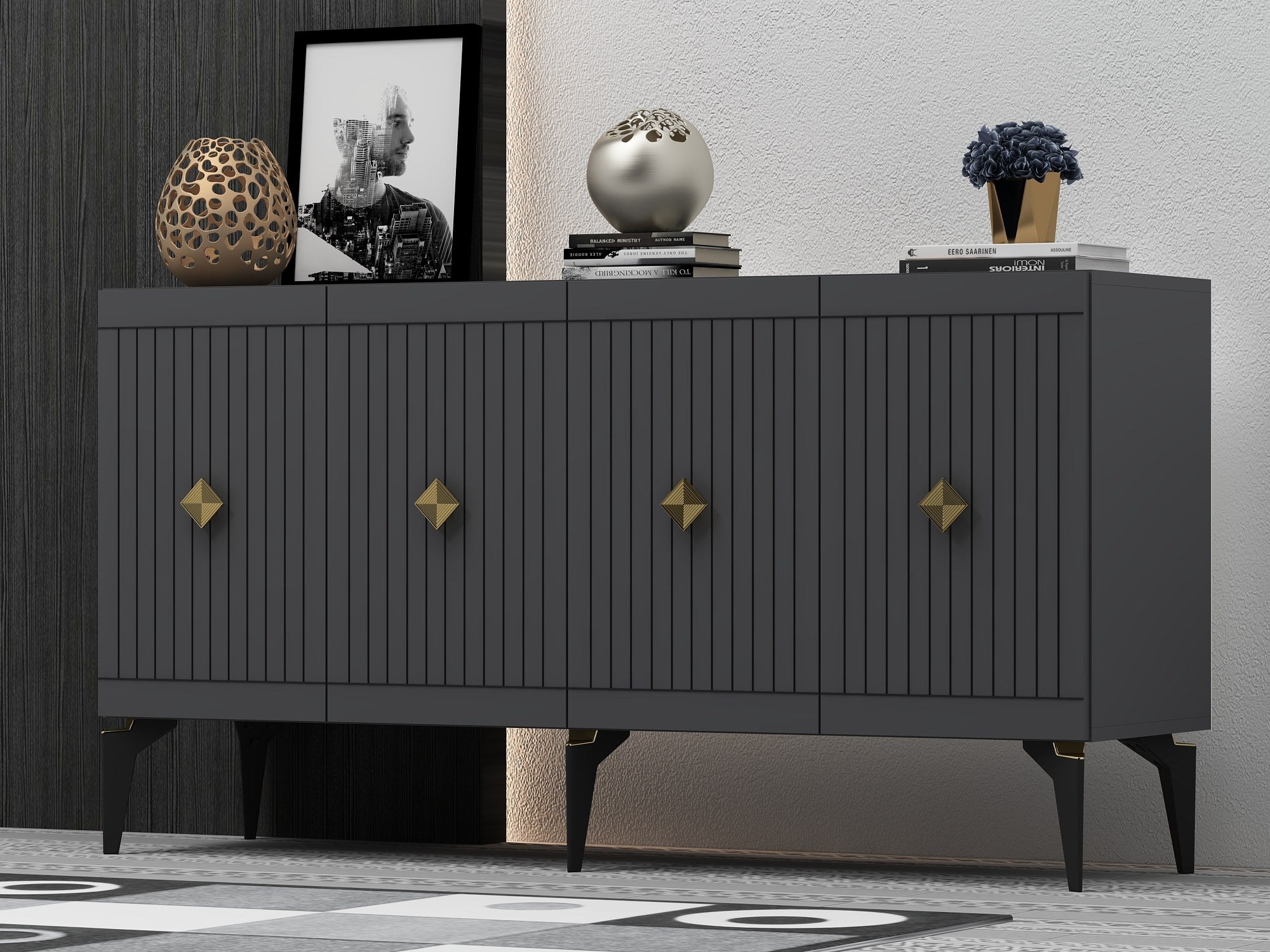 Buffet bas 4 portes Fernie L150cm Anthracite et Or