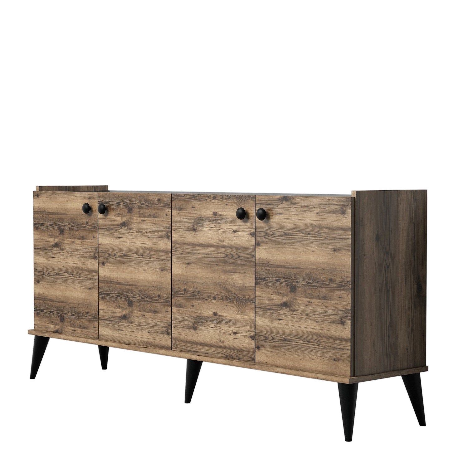 Buffet bas 4 portes Nidan 180cm Bois et Effet marbre Noir