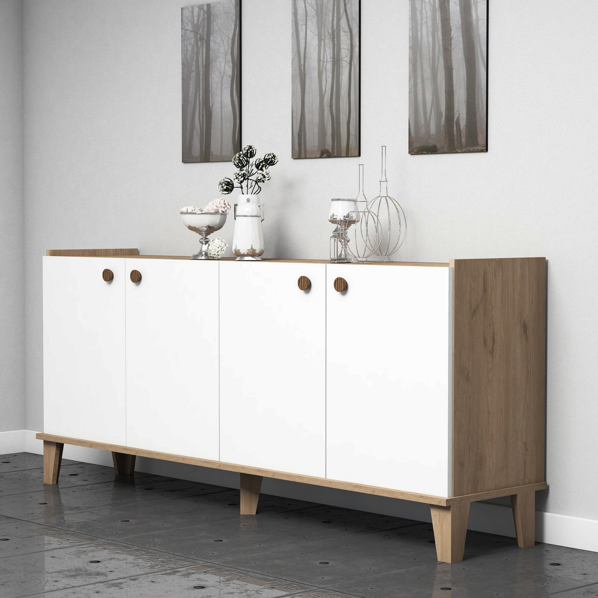 Buffet bas 4 portes Niden 180cm Bois Blanc et Chêne clair