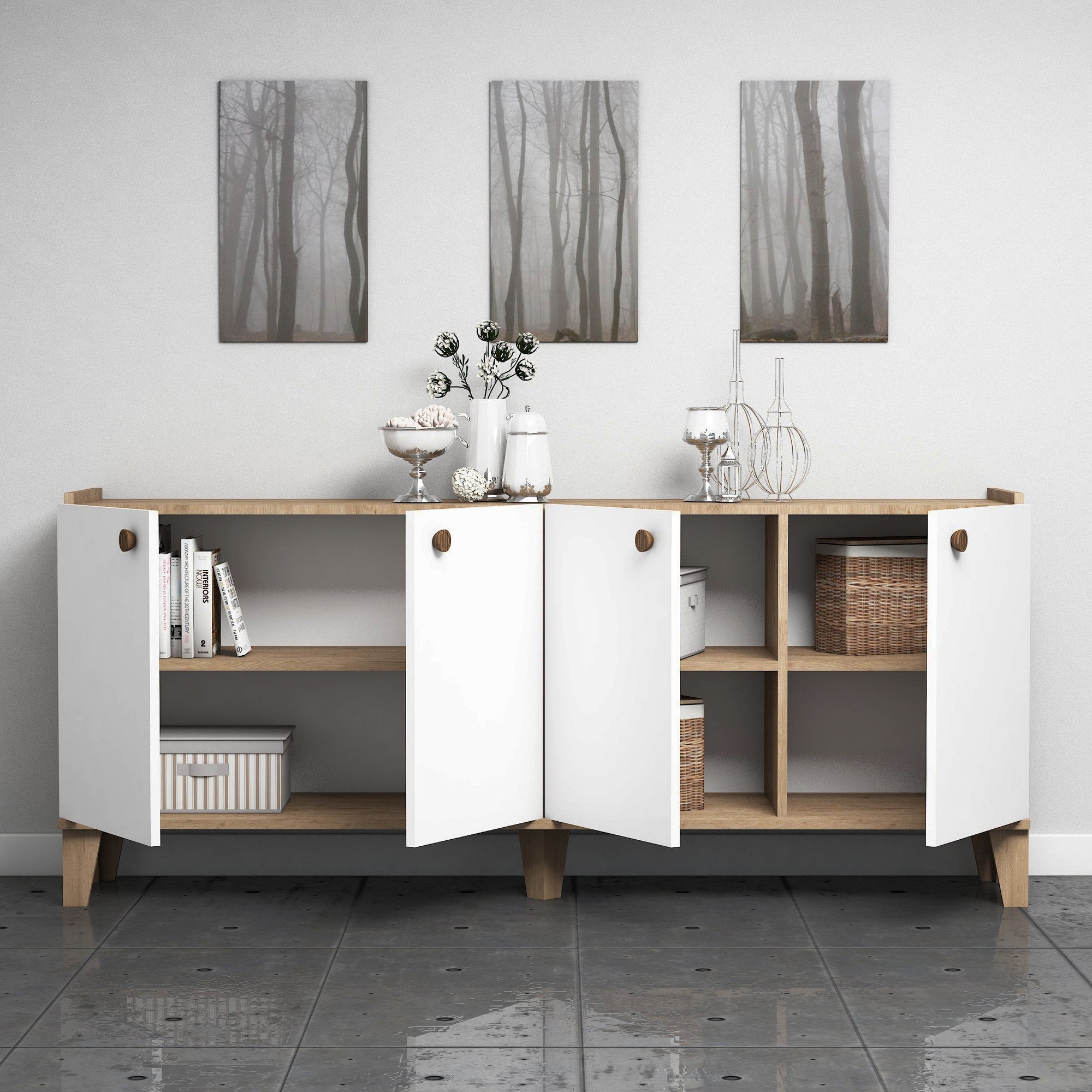 Buffet bas 4 portes Niden 180cm Bois Blanc et Chêne clair