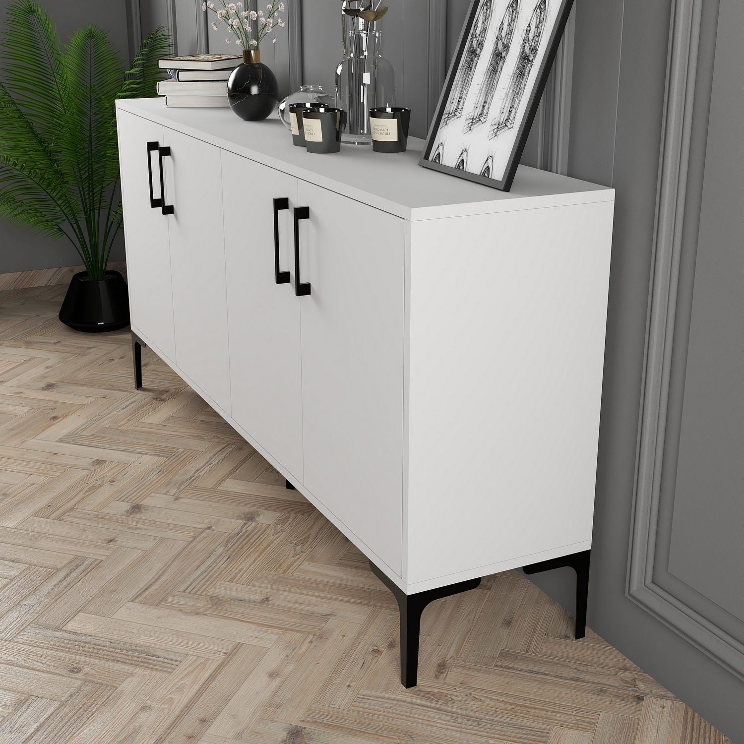 Buffet bas 4 portes Vranus 160cm Bois Blanc et Métal Noir