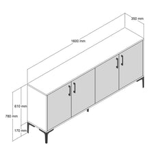 Buffet bas 4 portes Vranus 160cm Bois Blanc et Métal Noir