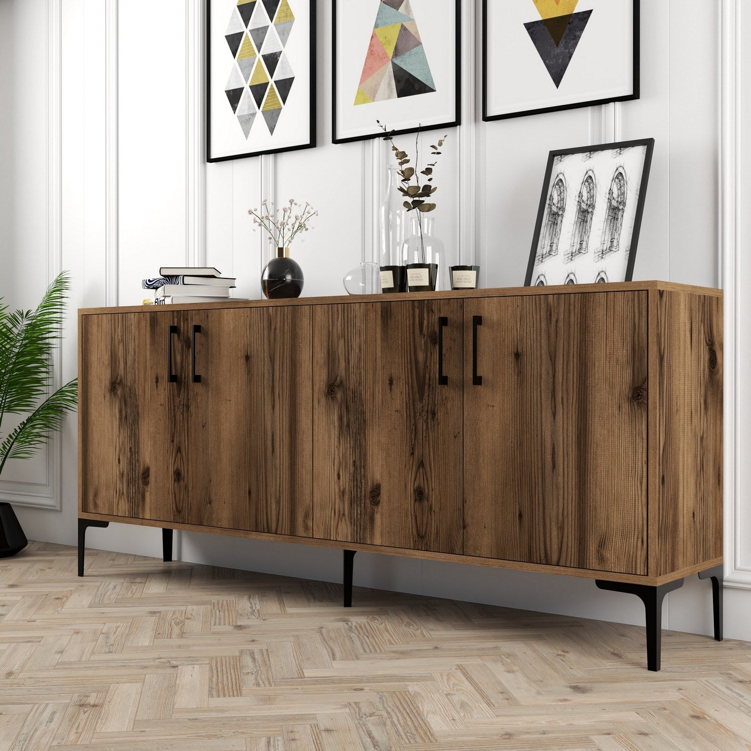 Buffet bas 4 portes Vranus 180cm Bois Naturel et Métal Noir