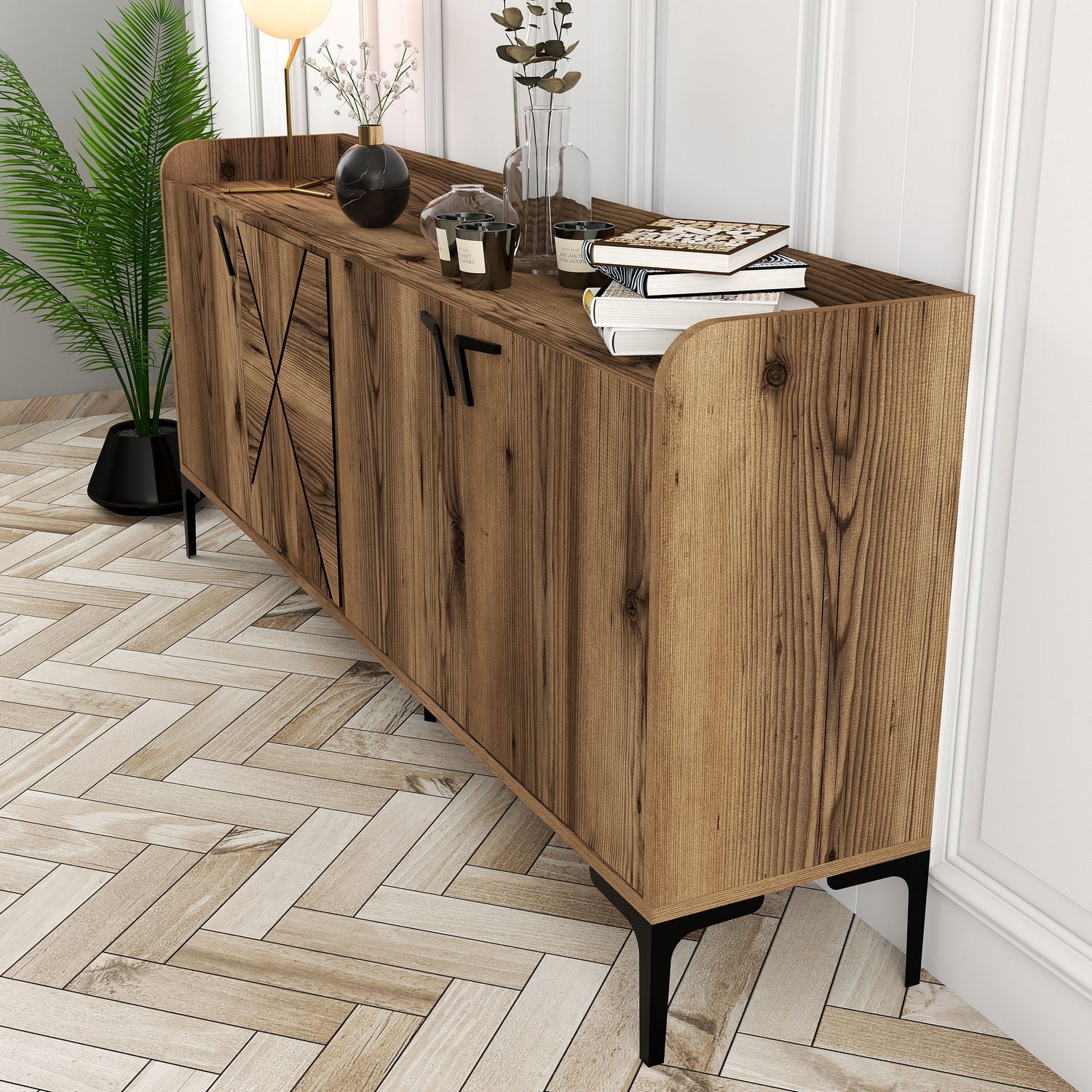 Buffet bas 4 portes Zenger 180cm Bois Naturel et Métal Noir