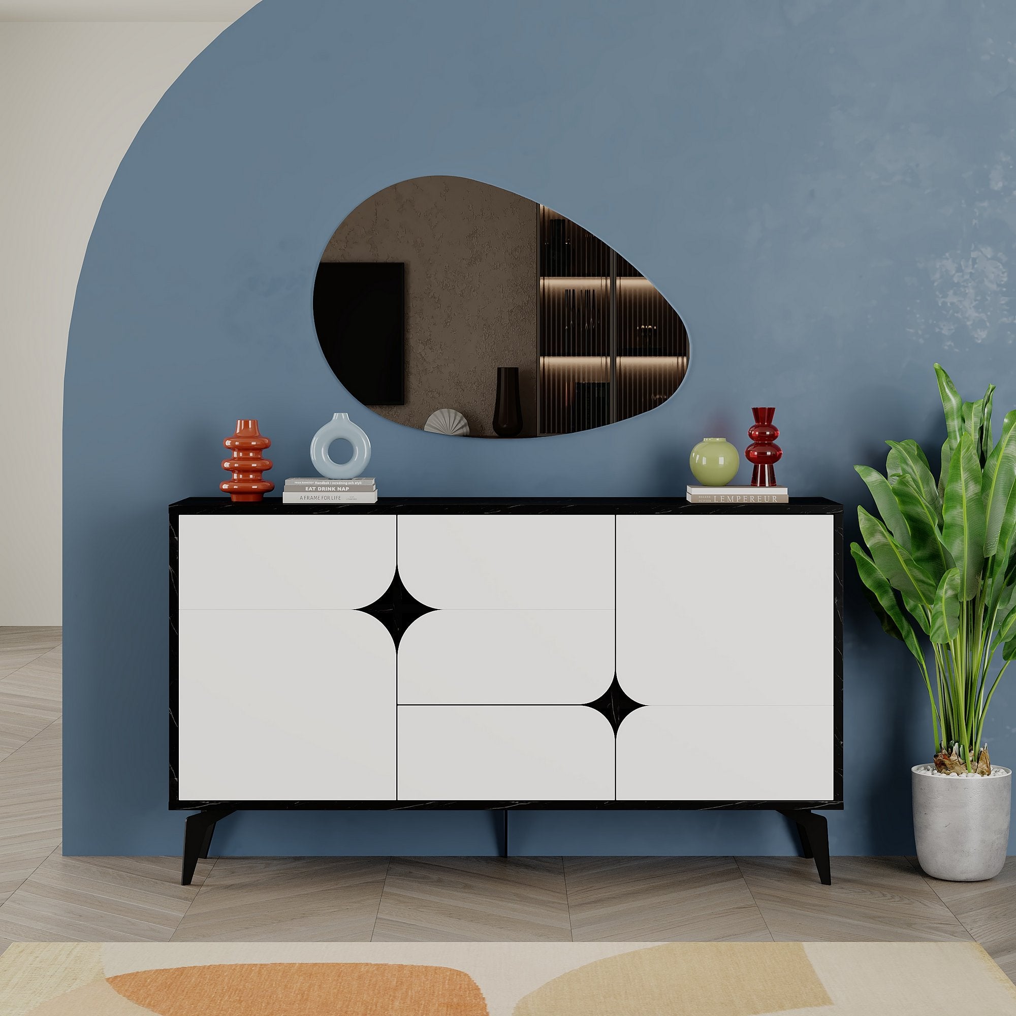 Buffet bas design 3 portes et 1 tiroir Euryale Bois Noir et Blanc