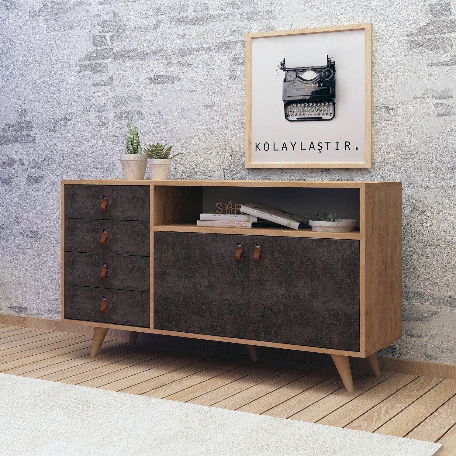 Buffet bas Zeresa L140cm Bois Chêne et Gris foncé effet béton