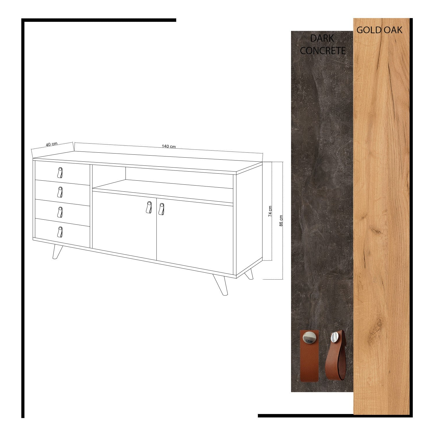 Buffet bas Zeresa L140cm Bois Chêne et Gris foncé effet béton