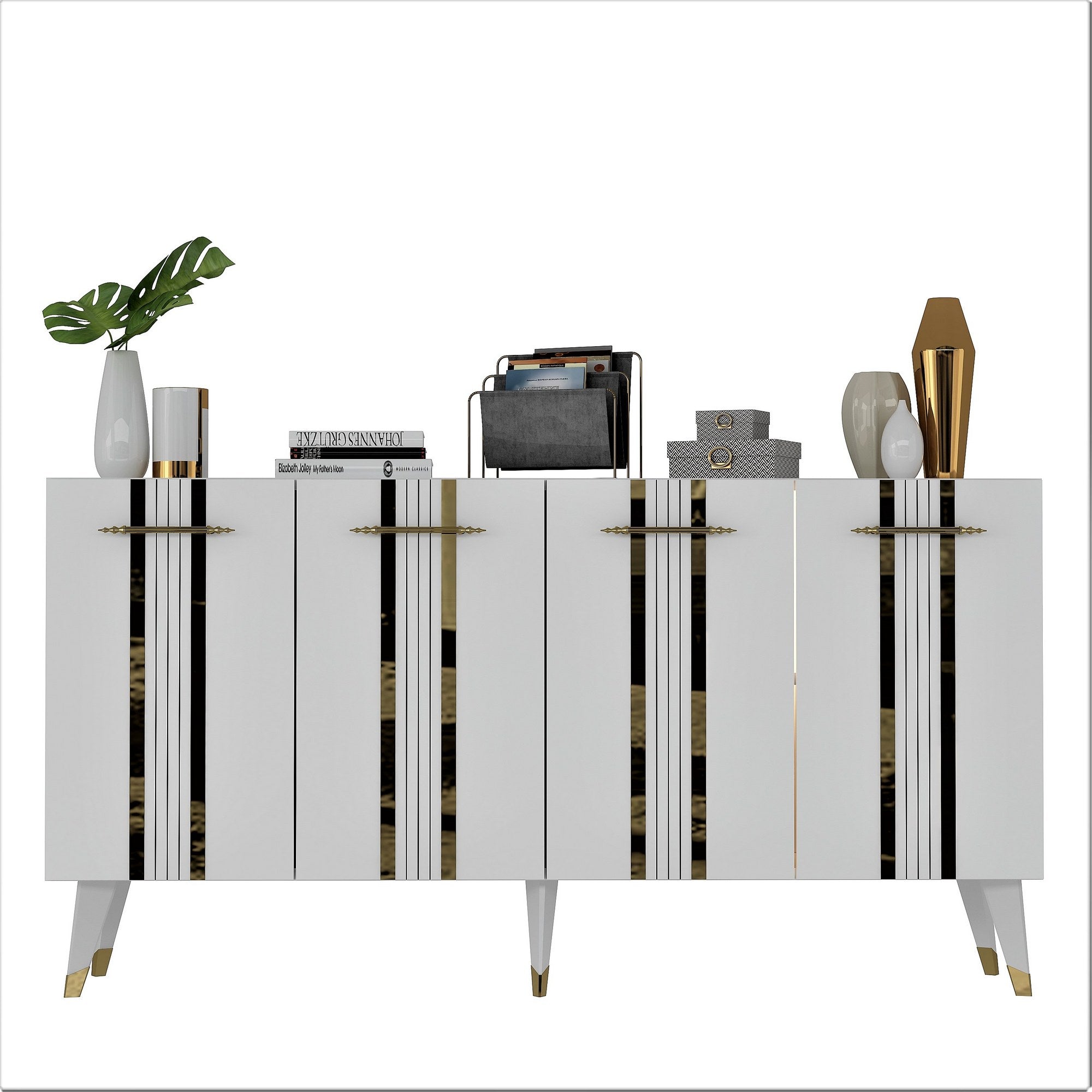 Buffet Cayman L150xH80cm Blanc avec bandes Or