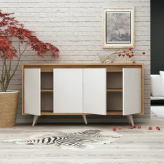 Buffet haut 4 portes Ophixis 140cm Bois Blanc et Chêne