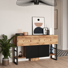 Buffet style industrielle Ournisse Métal Noir et Bois Naturel et Noir