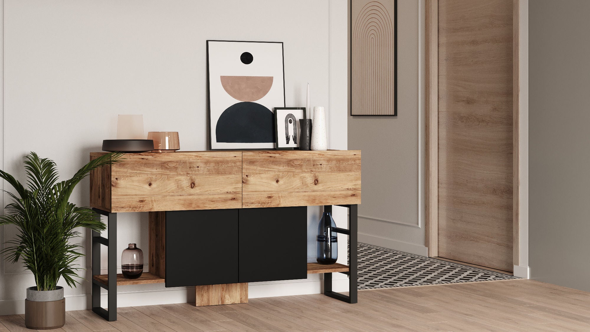 Buffet style industrielle Ournisse Métal Noir et Bois Naturel et Noir