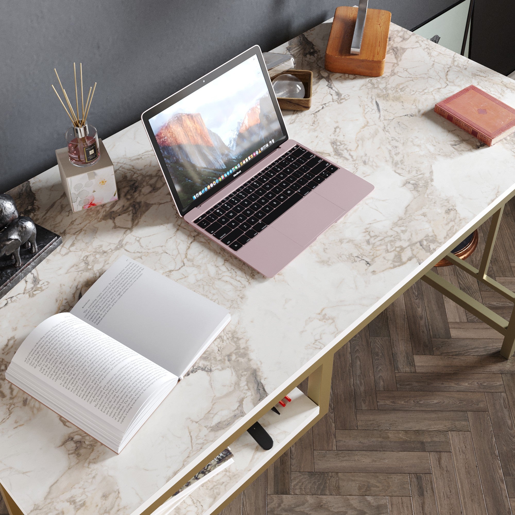 Bureau 1 étagère Officium 120x75cm Bois Blanc effet marbre et Métal Or