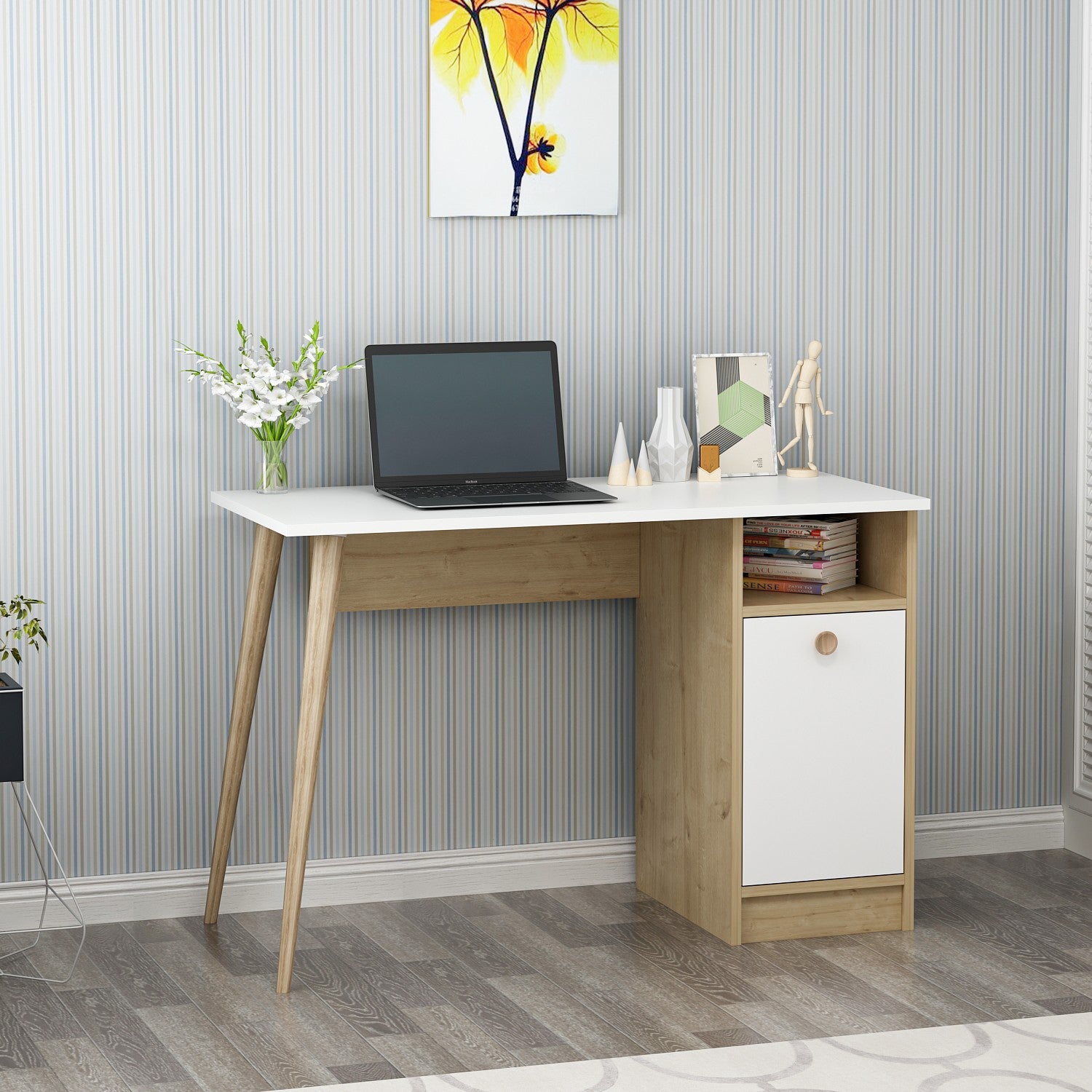 Bureau 1 porte Elmira 110cm Bois et Blanc