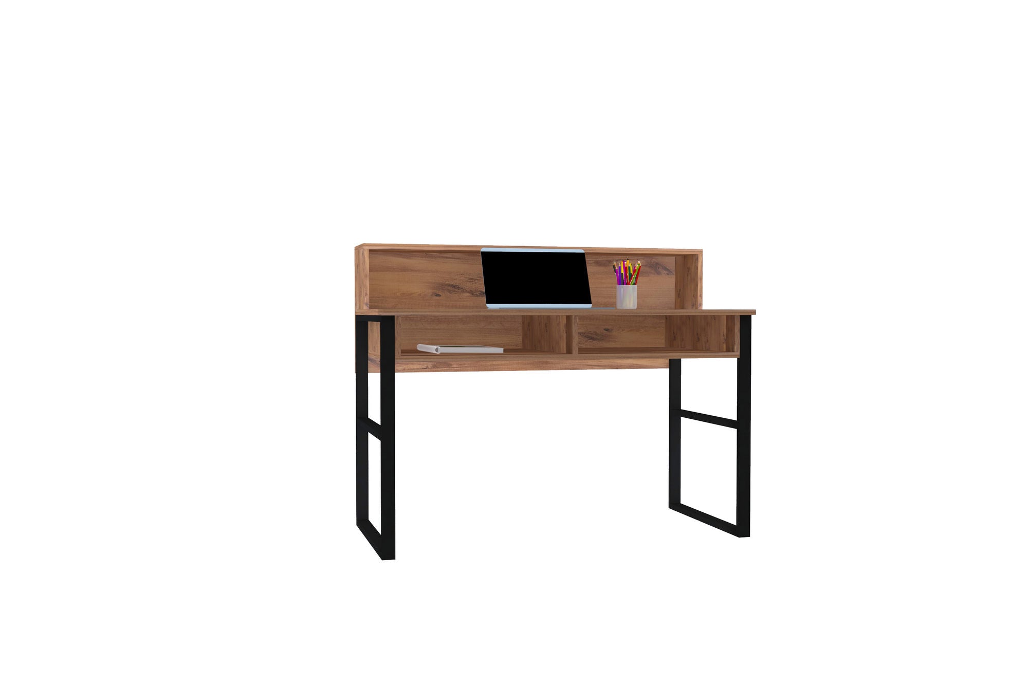 Bureau 2 compartiments et étagère Bruni 120cm Métal Noir et Bois Naturel