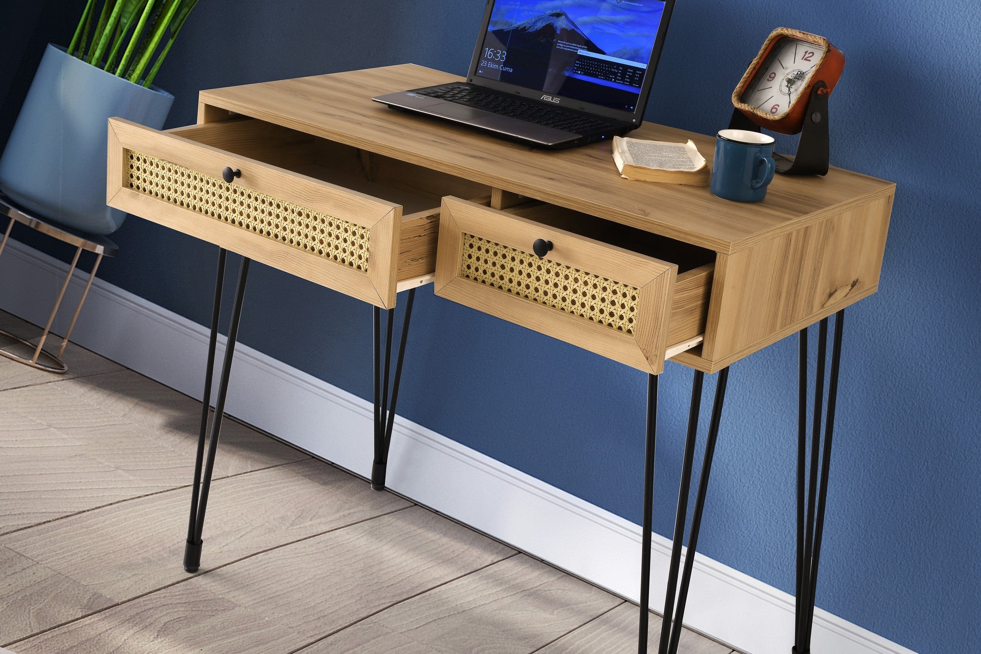 Bureau 2 tiroirs Weber 105cm Bois Naturel et Métal Noir