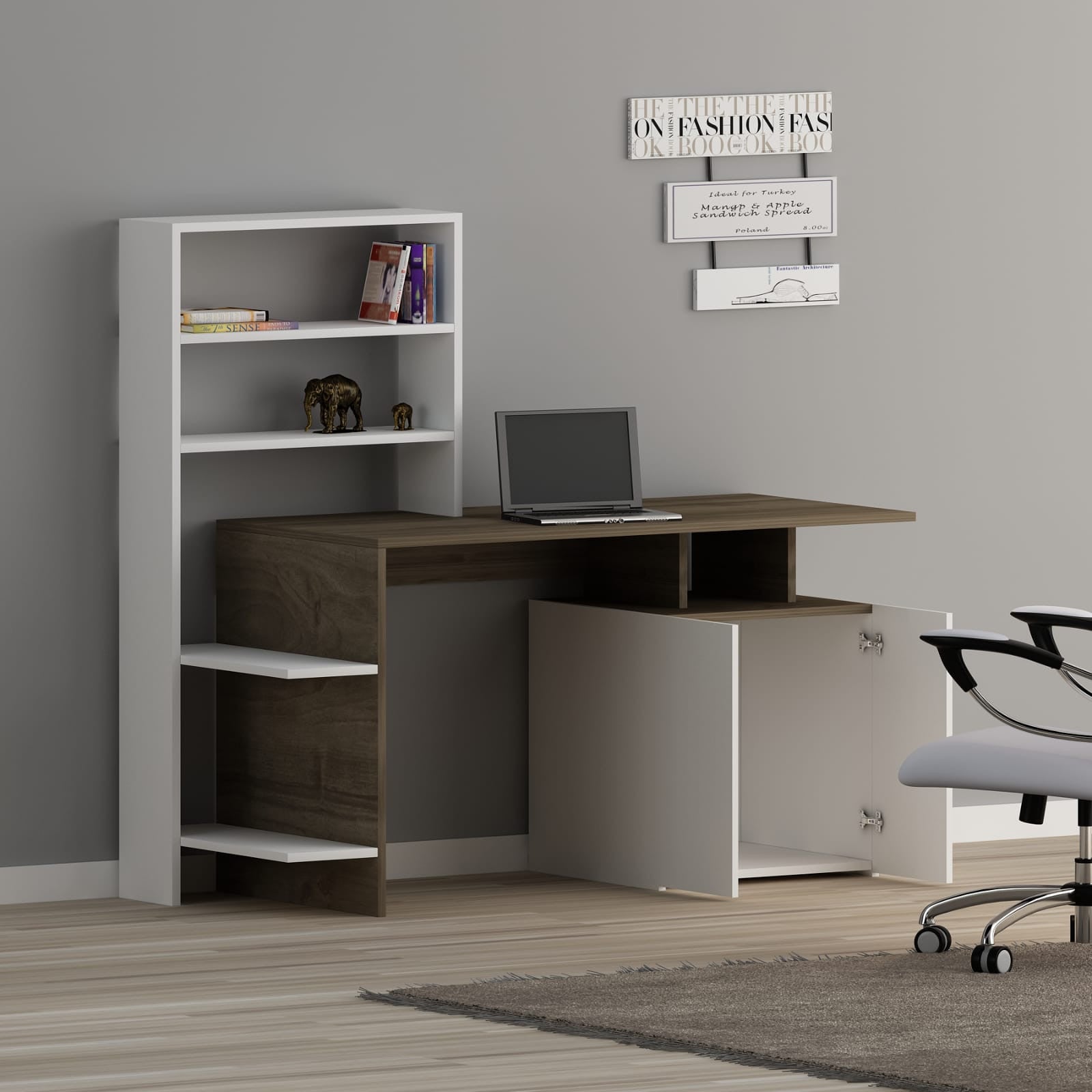 Bureau, armoire et étagère Kasini Bois Naturel et Blanc