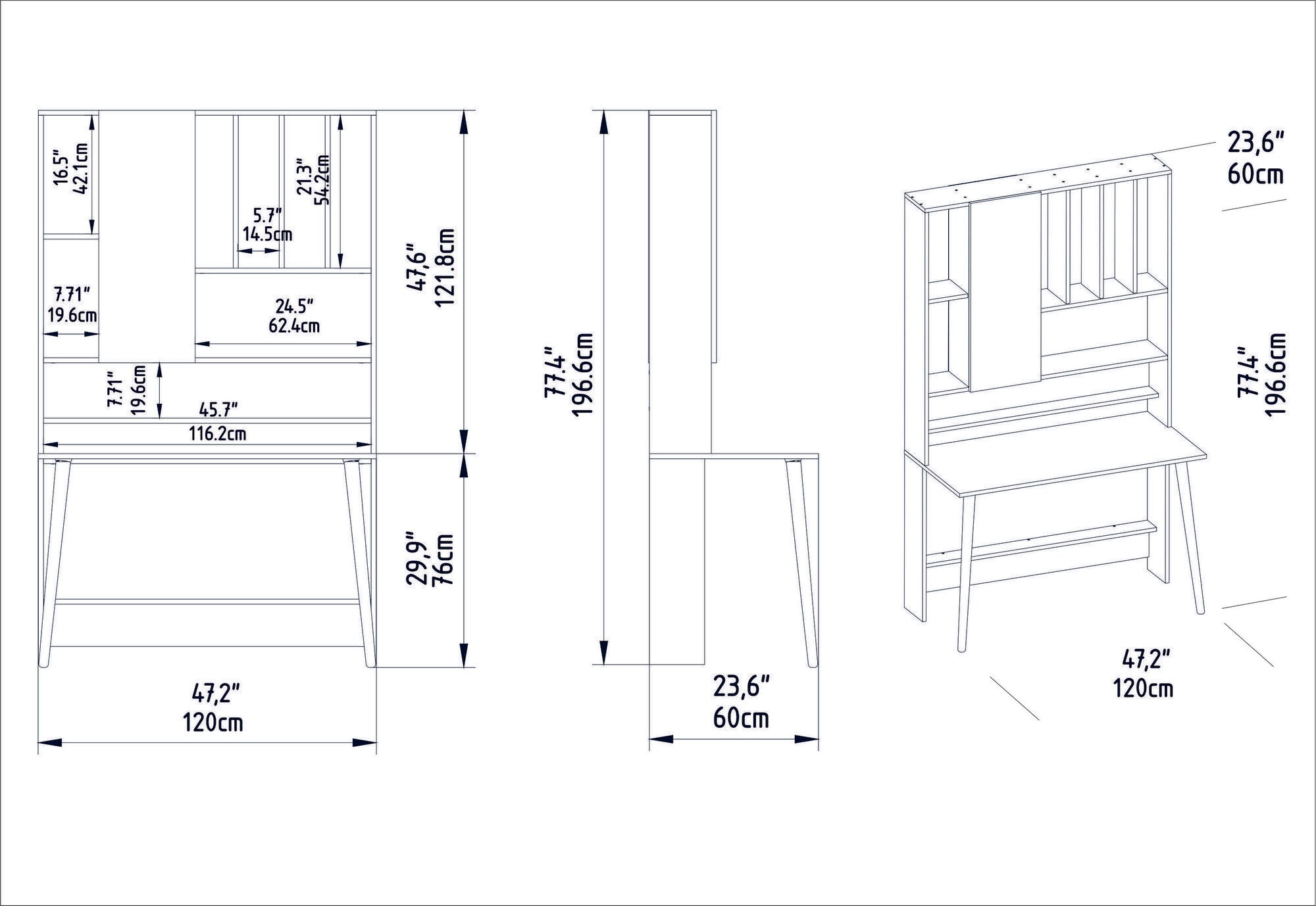 Bureau avec étagère Fekadu L120cm Chêne clair, Blanc et Anthracite