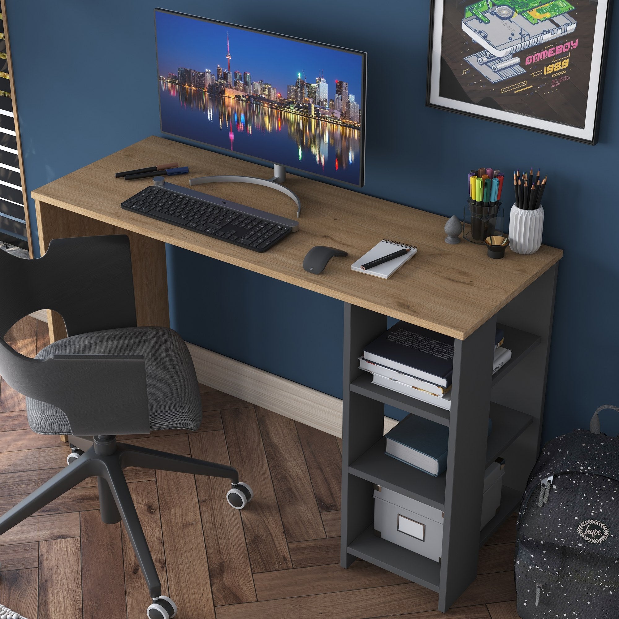 Bureau avec étagère Libanius L120cm Bois foncé et Anthracite