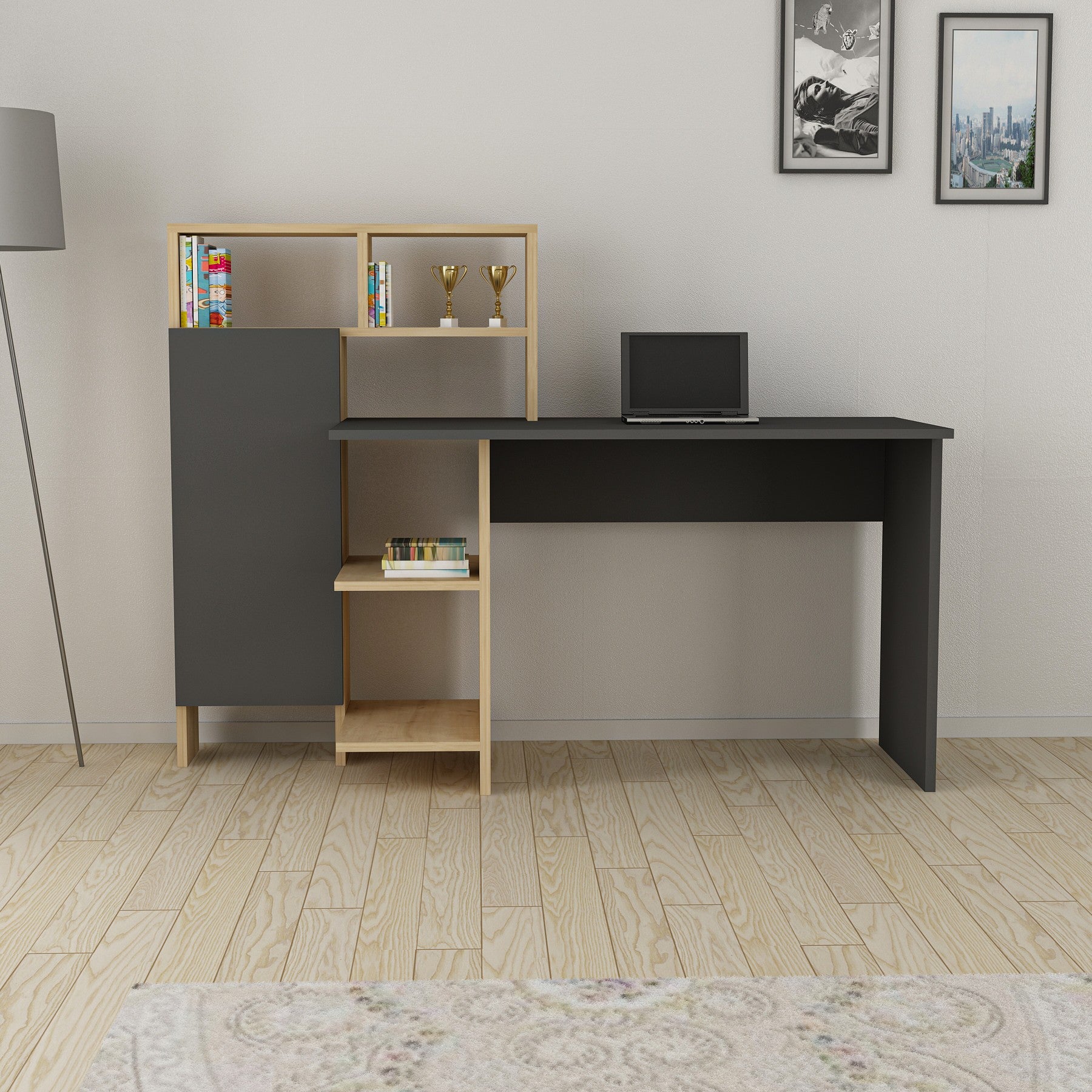 Bureau avec étagère Maurer L135,9xH111,8cm Bois Naturel et Anthracite