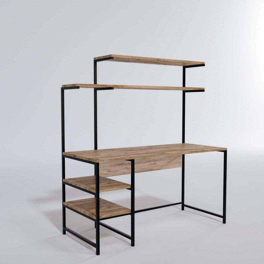 Bureau avec étagère style industriel Giday L140cm Métal Noir et Bois Chêne clair