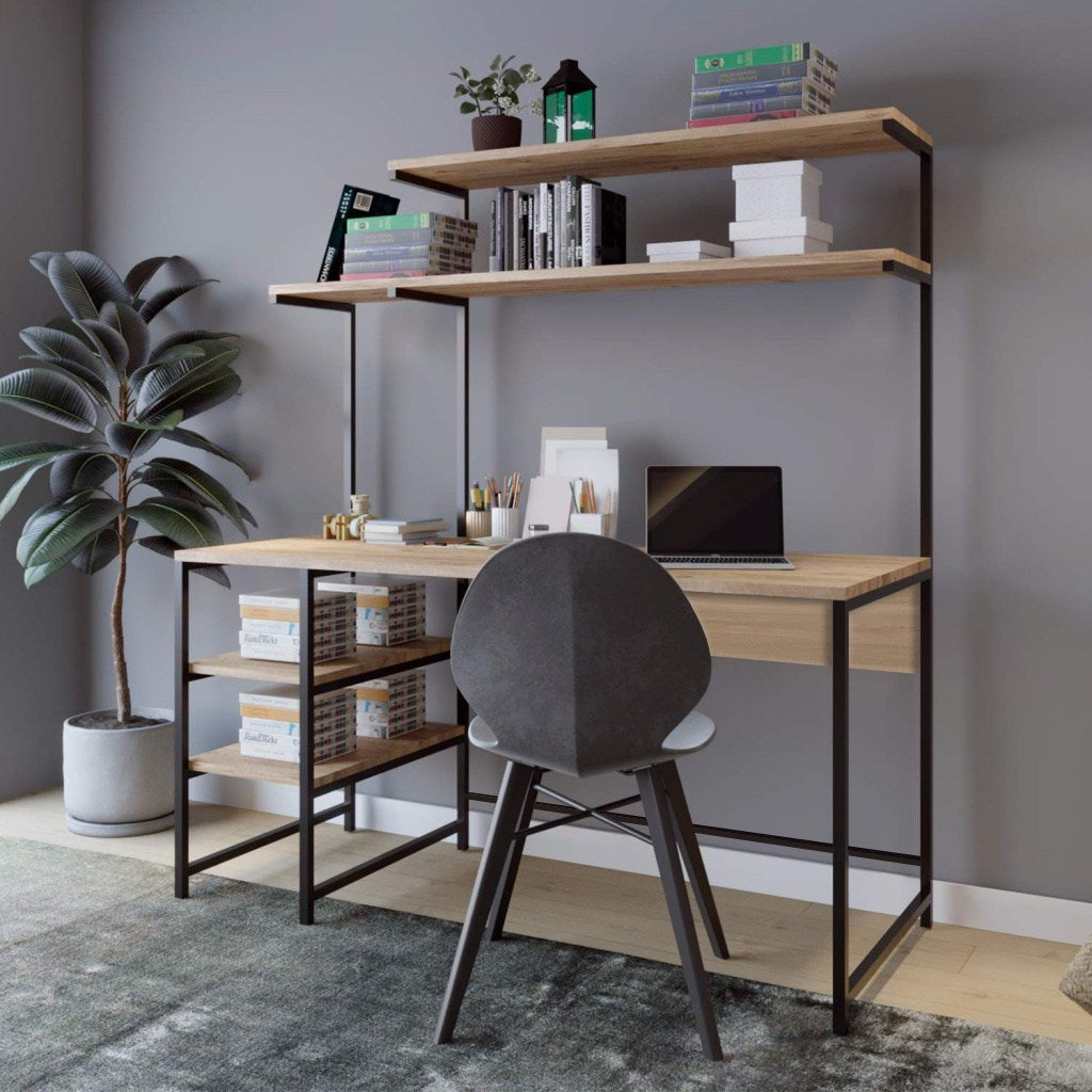 Bureau avec étagère style industriel Giday L140cm Métal Noir et Bois Chêne clair