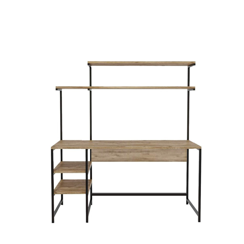 Bureau avec étagère style industriel Giday L140cm Métal Noir et Bois Chêne clair