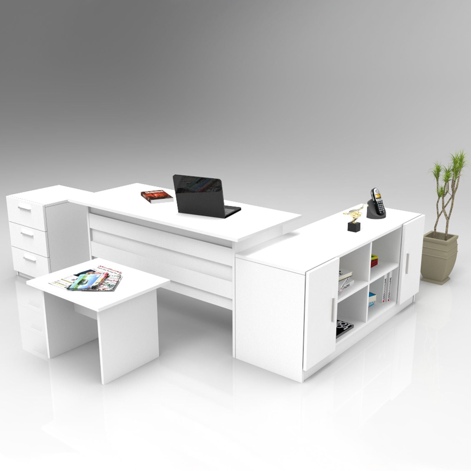 Bureau contemporain avec buffet, commode et table basse Busymo Blanc