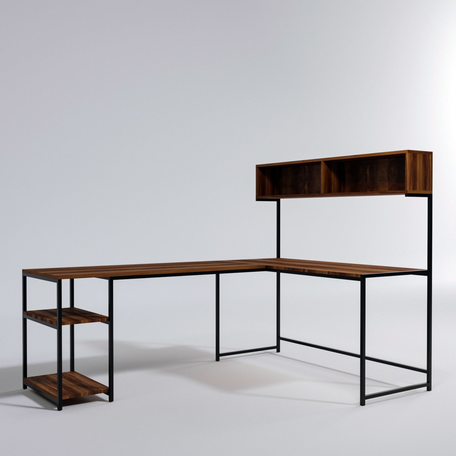 Bureau d'angle style industriel avec étagères Mickinaw Bois foncé et Métal Noir