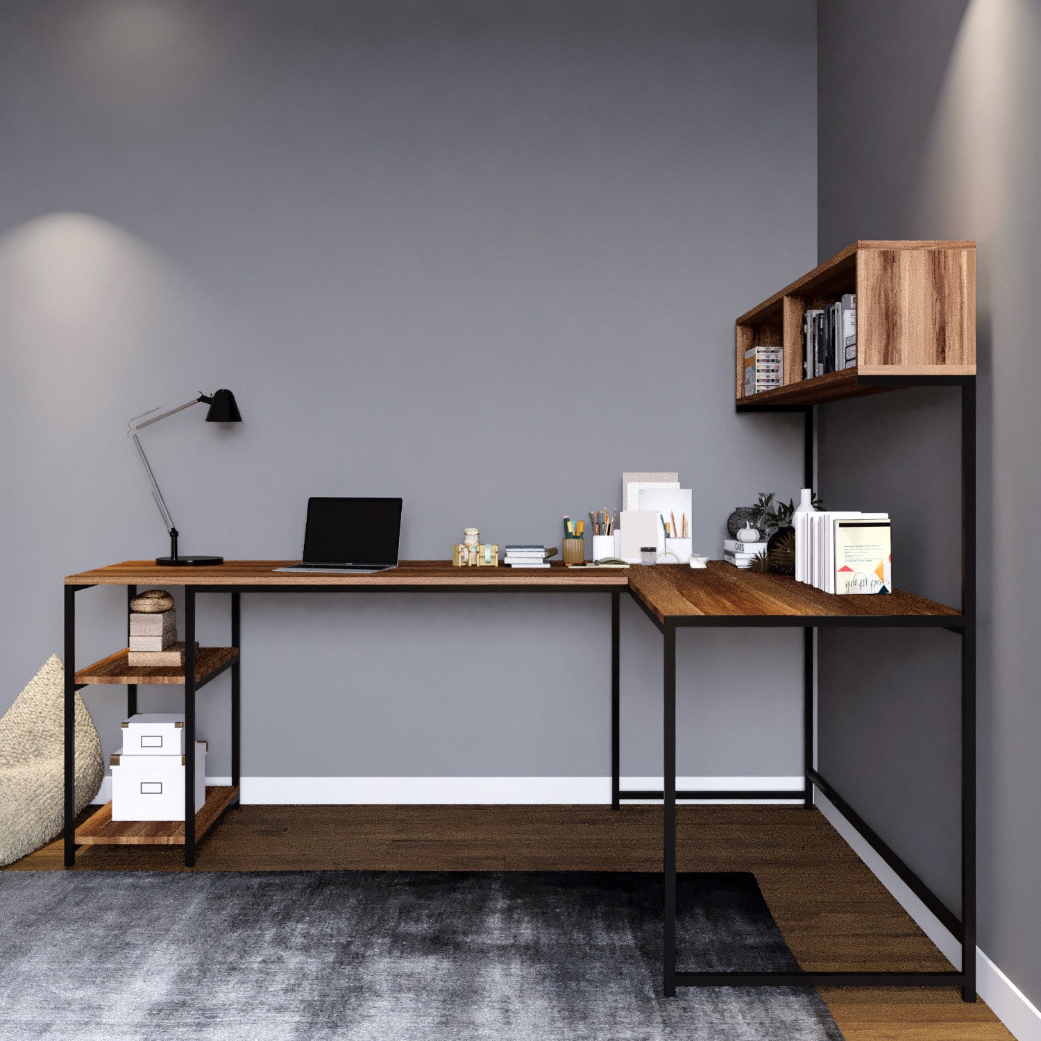 Bureau d'angle style industriel avec étagères Mickinaw Bois foncé et Métal Noir