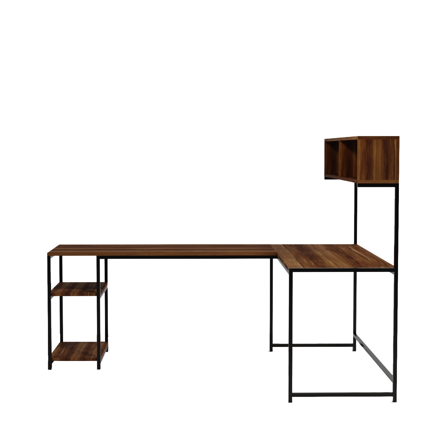 Bureau d'angle style industriel avec étagères Mickinaw Bois foncé et Métal Noir